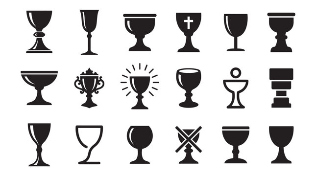 Collection of black silhouette goblet icons showing various chalice, cup, and trophy designs, including religious symbols like a cross and the holy grail, in a flat vector style