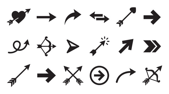Set of eighteen black arrow vector icons in various styles, including Cupid's arrow, bow, heart, and modern graphic pointers for navigation and design elements
