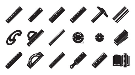 Collection of black glyph icons representing various measuring tools like rulers, a T-square, French curve, and tape measure used for design, drafting, and sewing