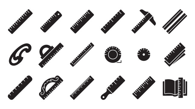 Collection of black glyph icons representing various measuring tools like rulers, a T-square, French curve, and tape measure used for design, drafting, and sewing