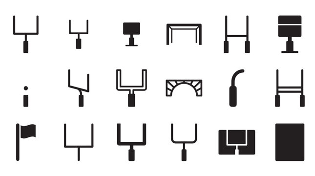 Diverse collection of black goalpost icons and sports silhouettes in a minimalist vector style, featuring various designs for American football and rugby equipment