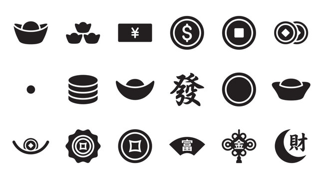 Set of black solid icons representing money, wealth, and prosperity with Asian cultural symbols like ancient coins, sycee ingots, and Chinese characters for good fortune