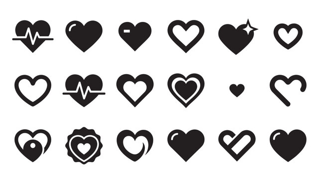 Collection of black heart icons in various styles including solid, outline, and cardiogram heartbeat symbols for love, romance, and health concepts in a flat minimalist design