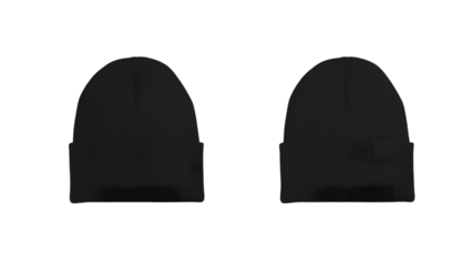 Two black beanies on transparent background