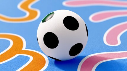 Naklejka premium A white and black soccer ball is on a blue background with orange and pink lines. The ball is the main focus of the image, and the colors of the background and lines create a playful and colorful mood