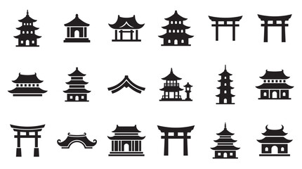 Collection of traditional East Asian building silhouettes, including various pagodas, temples, and shrine gates, presented as a simple black vector icon set for design