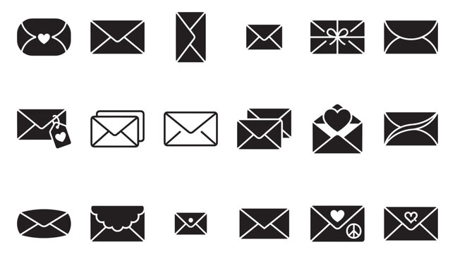 Collection of black envelope vector icons in various styles, including open letters, love messages with hearts, and simple mail glyphs for communication concepts
