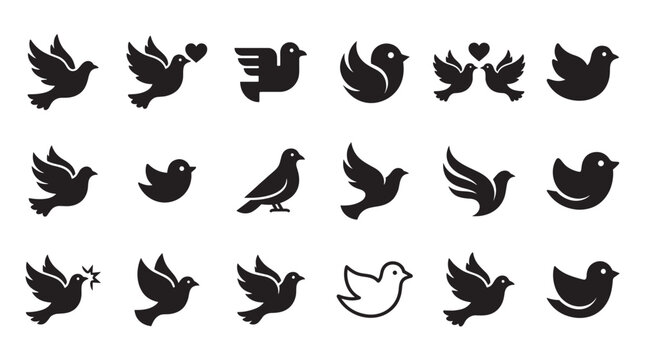 Collection of black bird icons shows various stylized doves and pigeons flying, standing, and in pairs with hearts, representing concepts of love, peace, and freedom in a minimalist graphic style