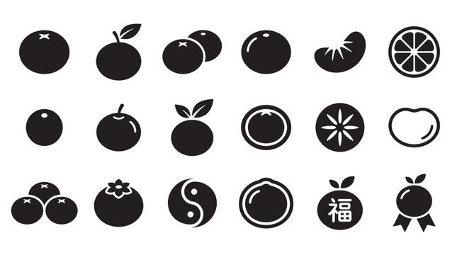Collection of black fruit icons representing oranges, tangerines, and persimmons for Asian celebrations, featuring glyphs and symbols like yin-yang in a minimalist vector style