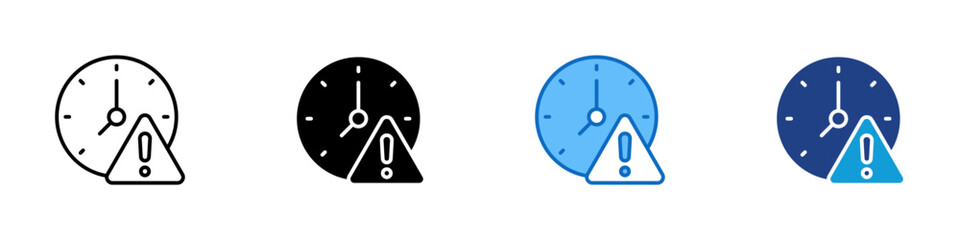Deadline Alert Multiple Style Icon Design Vector - Clock with warning symbol indicating missed deadlines, time pressure, or scheduling risks