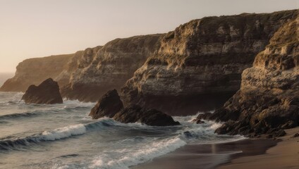 Coastal Cliffs and Ocean Waves Under a Golden Sunset.