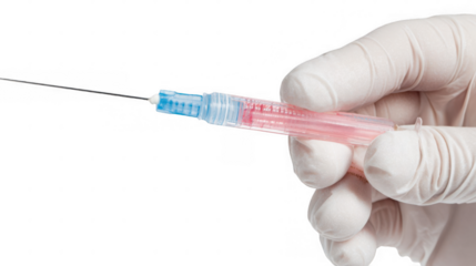 Doctor wearing blue nitrile glove holds feeding tube filled with blood, isolated on transparent background, providing visual aid for medical training and educational purposes