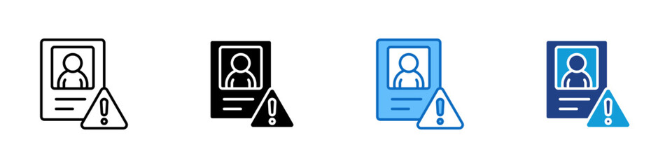 Identity Alert Multiple Style Icon Design Vector - User identification card with warning symbol showing identity issues or verification alerts