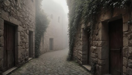 Misty Cobblestone Alley in an Ancient European Village with Stone Walls and Overgrown Ivy.