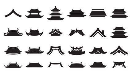 Set of traditional Asian roof icons in black silhouette style showing various architectural designs like pagodas and temples for graphic elements