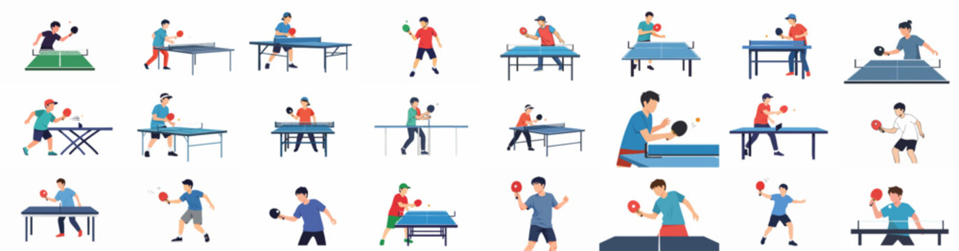 Flat design vector set of people playing table tennis (ping pong), illustrating various poses, actions, and gameplay elements on different color tables.