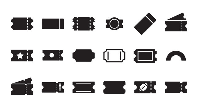 Collection of black ticket and coupon icons in various shapes and styles, including sports, cinema, and event passes, presented as a minimalist graphic silhouette set for design