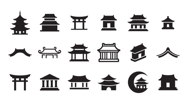 Set of traditional East Asian building silhouettes including various pagoda, shrine, and torii gate vector icons in a simple, flat black graphic design style