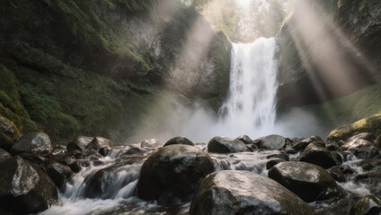 Majestic Waterfall Cascading Through Lush Greenery with Sun Rays.