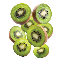 Fototapeta premium Vertical Floating Kiwi Rhythm: Kiwi slices floating vertically in alternating angles creating rhythm, ultra sharp focus, PNG