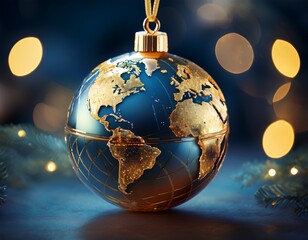 Collection of photos featuring luxury gold and blue Christmas globe ornaments with world map design, sparkling holiday lights, elegant tree decor, festive interiors, and premium seasonal styling.
