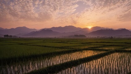 Golden Sunrise Over Lush Green Rice Paddies and Distant Mountains.