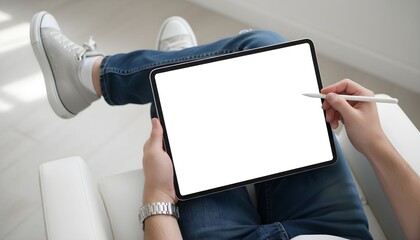 Person using a stylus on a blank tablet screen mockup for digital art and design isolated on white background with copy space