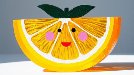 A cartoon orange with a smile on its face. The orange is cut in half and has a green leaf on top