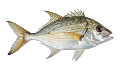 Side view of a silver & yellow fish w/ spiky dorsal fin on a white background