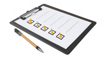 Checklist resting on a clipboard, featuring blue check marks alongside a pen, symbolizing completed tasks or survey questions, isolated against a transparent background
