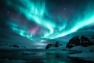 Aurora borealis illuminates a snowy Arctic landscape with vibrant green and purple hues over icy mountains and calm waters.