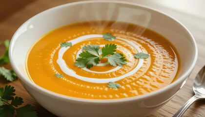 Warm bowl of soup with fresh herbs and swirl of cream in a simple setting on a wooden table Generative AI