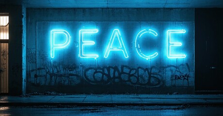 Fototapeta premium Bright neon sign spells PEACE above graffiti. Dark urban setting creates dramatic contrast, highlighting message. Blue tones dominate image.