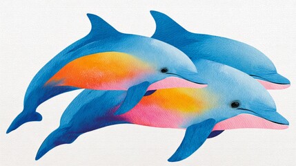Three dolphins are swimming in the ocean. The blue and orange color of the dolphins is very vivid and eye-catching