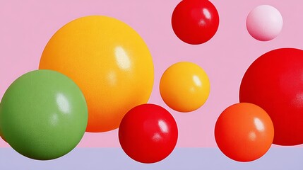 Naklejka premium A bunch of colorful balls are floating in the air. The balls are of different colors, including green, yellow, and red. Concept of playfulness and fun, as the balls seem to be bouncing