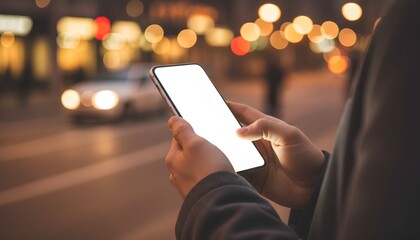 Person holding a smartphone with a blank screen at night on a city street bokeh lights and blurred traffic in the background concept for mobile app usage
