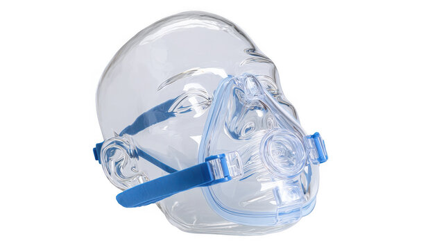Light blue bag valve mask - bvm - featuring transparent plastic sections and blue elastic straps, providing essential support for emergency respiratory care in medical settings