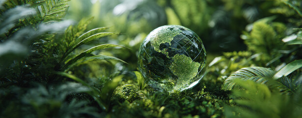 Glass globe earth green leaf moss nature ecosystem environment lush forest sustainability