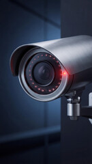 Close-up of modern surveillance camera with glowing infrared LEDs mounted on wall in dark indoor space. A focused view of night vision tech, ideal for security, safety, or smart building content.