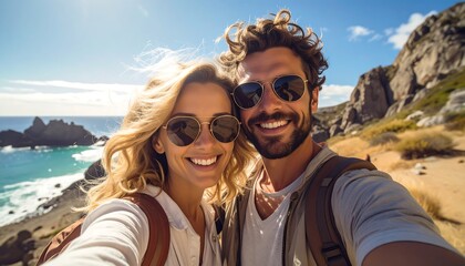 Smiling couple takes a selfie with coastline, cliffs, sunny sky, and ocean backdrop during a summer day hike