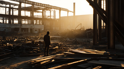 Silhouette stands amidst ruins as sun sets over an abandoned industrial site. The skeletal remains of a factory punctuate the skyline, casting long shadows, and a sense of desolation.