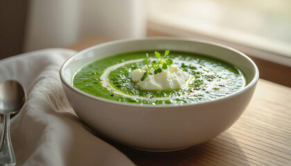 Creamy green soup served in a bowl with a light garnish near a window on a wooden table Generative AI