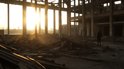 Silhouette of a person in an abandoned building against the backdrop of a setting sun. The space is filled with debris, creating a scene of desolation and decay.