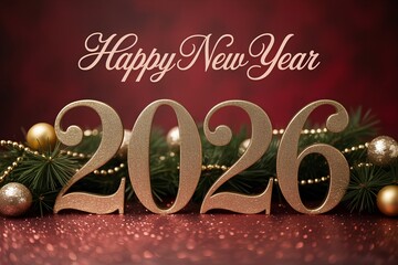 Happy New Year 2026 Greeting Card with Gold Glitter Numbers and Festive Red Decor