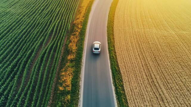 Aerial view of a white car driving down a road between a green field and a harvested field at sunset 4k video