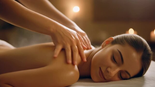 Relaxed adult caucasian woman receiving a therapeutic back massage at a luxury spa. Professional masseuse provides a deep tissue treatment for wellness and stress relief