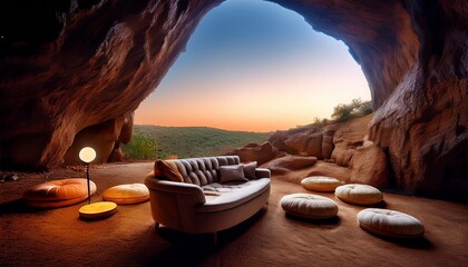 a lonely cave beckons with a comforting couch and mysterious round objects scattered on the ground inviting a surreal journey of exploration and discovery