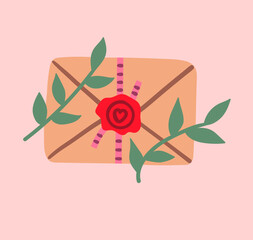 Flat style illustration of sealed love letter wrapped with pink ribbons and green leafy branches, perfect for Valentine s Day cards, wedding invitations, and romantic stationery.