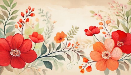 delicate floral watercolor painting featuring red and orange flowers and winding branches with vintage beige background art