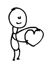 Cute stick figure character hugging a large heart shape
